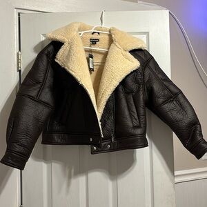 Chocolate Borg Lined Biker Detail Aviator Jacket